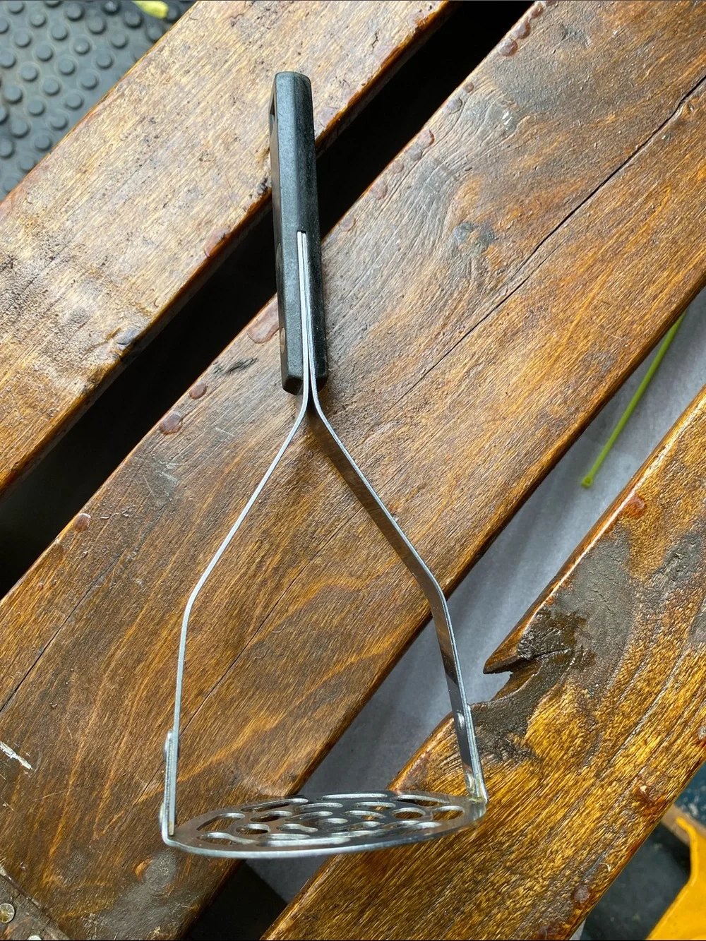 Vtg Household USA Potato Masher Stainless Steel Black Handle - Brass Riveted MCM